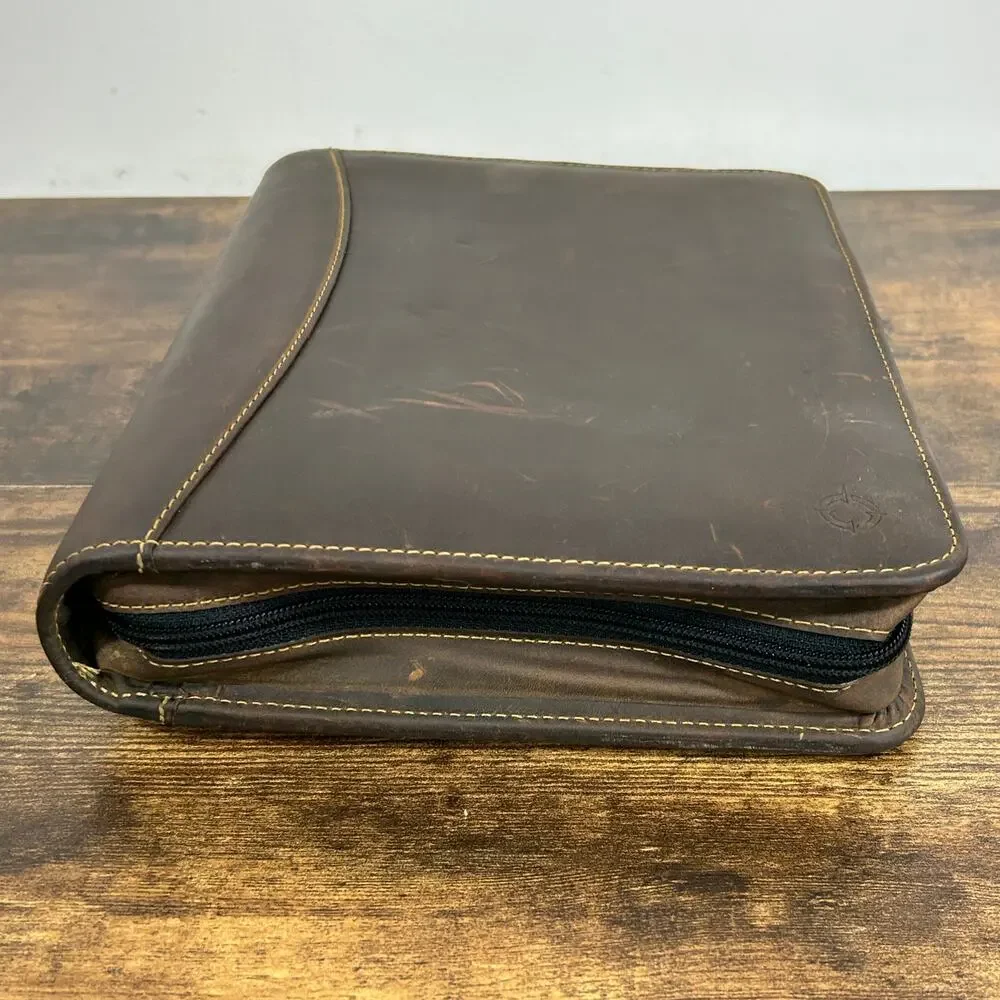 Vintage Franklin Covey 7 Ring Full Grain Leather Classic Brown Zip Planner USA